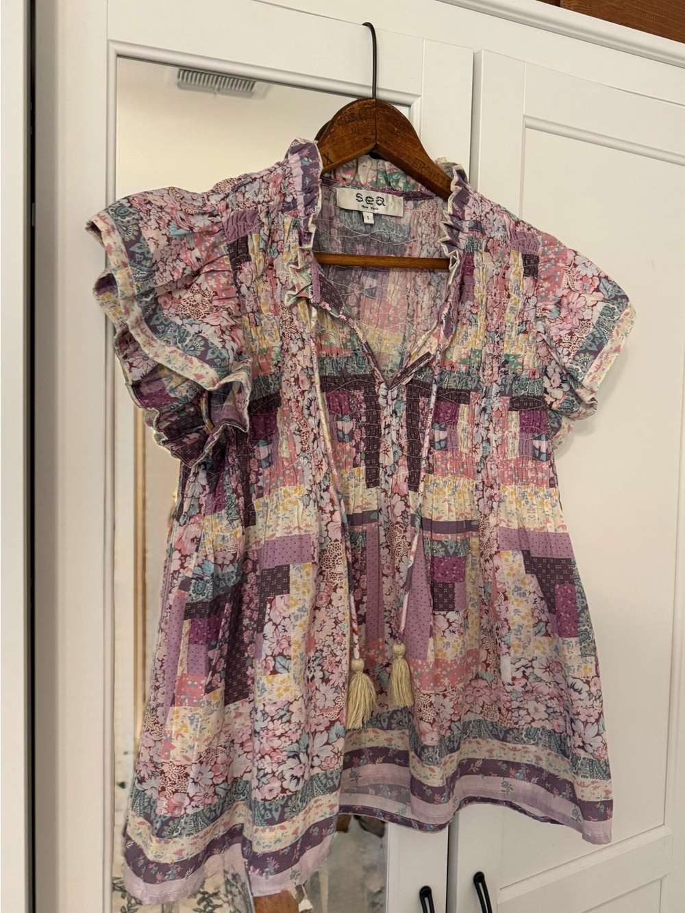 SEA New York Top Womens Large Naya Print Flutter Sleeve Smocked Prairie Cottage